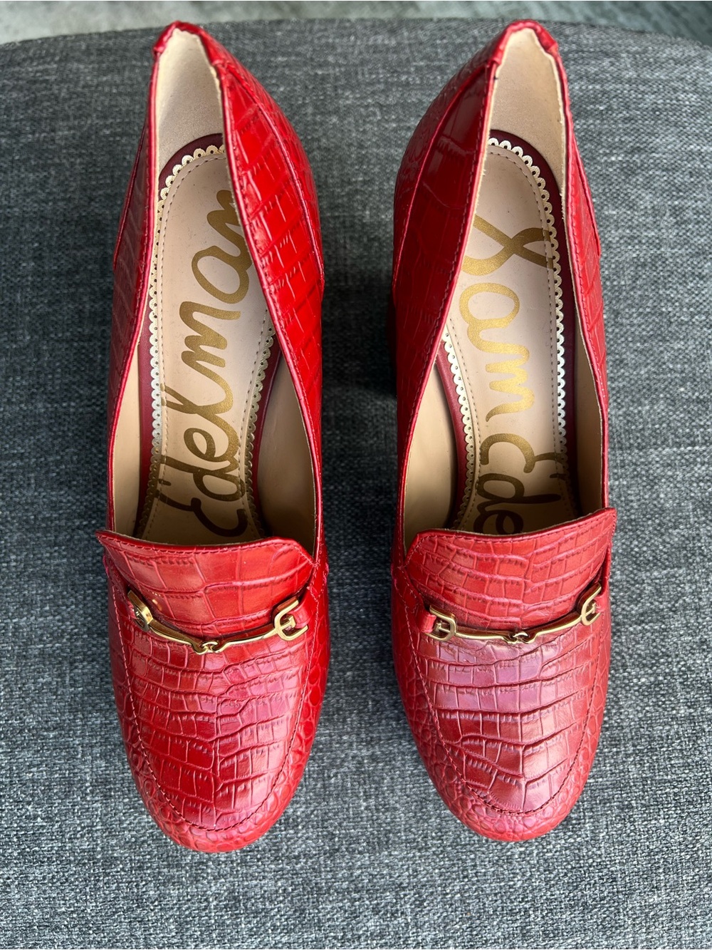 Sam Edelman Red Croc-Embossed Loafers with Gold Hardware
